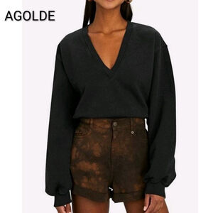 AGOLDE Black Low V-Neck Balloon Sleeve Sweatshirt Sweater M Airport Boho Casual